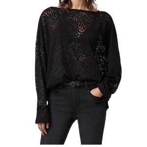 ALL SAINTS Black Rita Semi Sheer Boat Neck Burnout Oversized Shirt Size Large